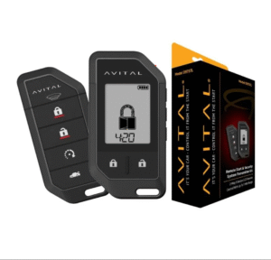 Avital remote start and security system kit with key fobs and packaging.
